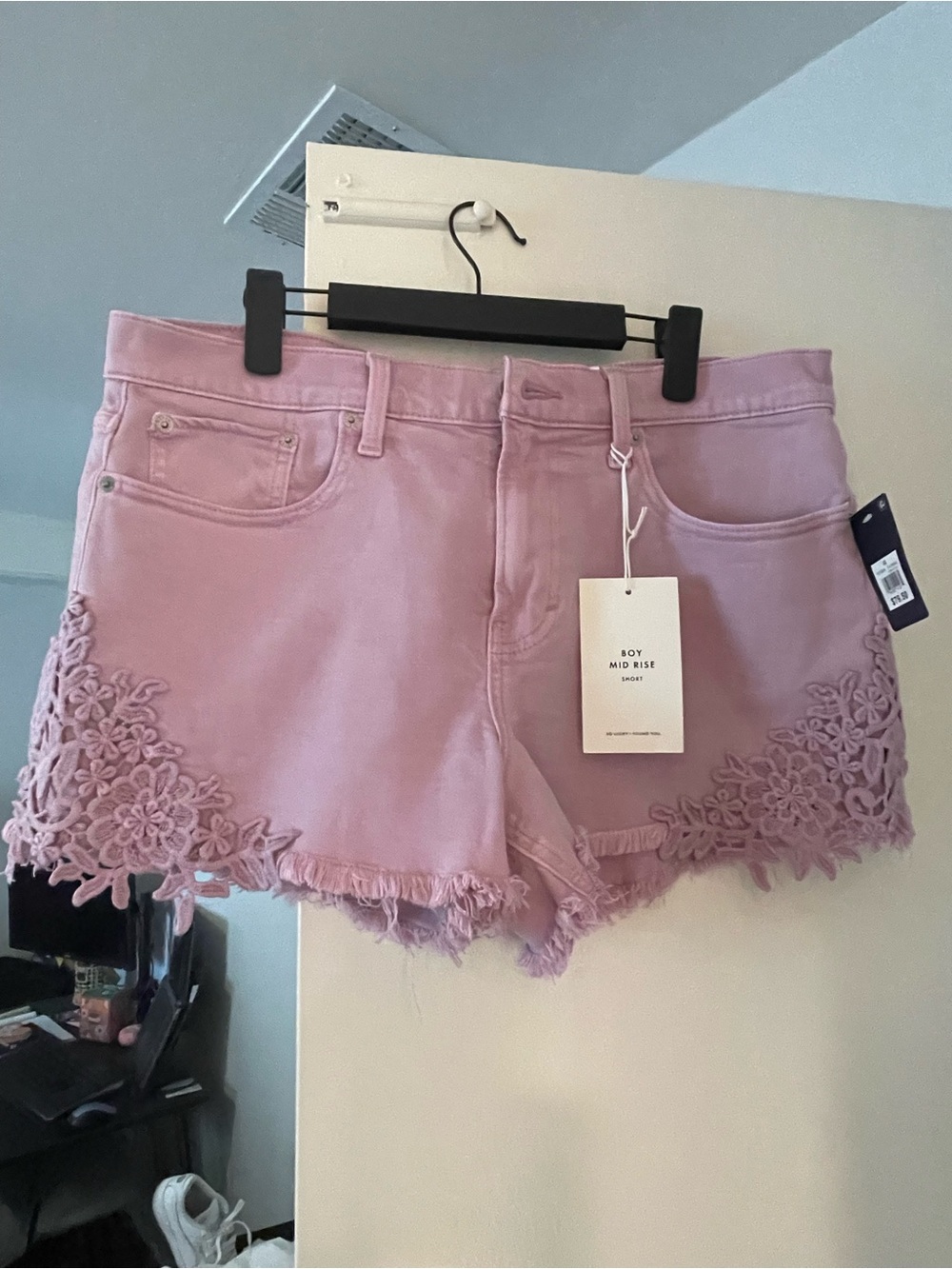 Lucky Brand Boy Mid Rise Mauve Lace-Trim Denim Shorts